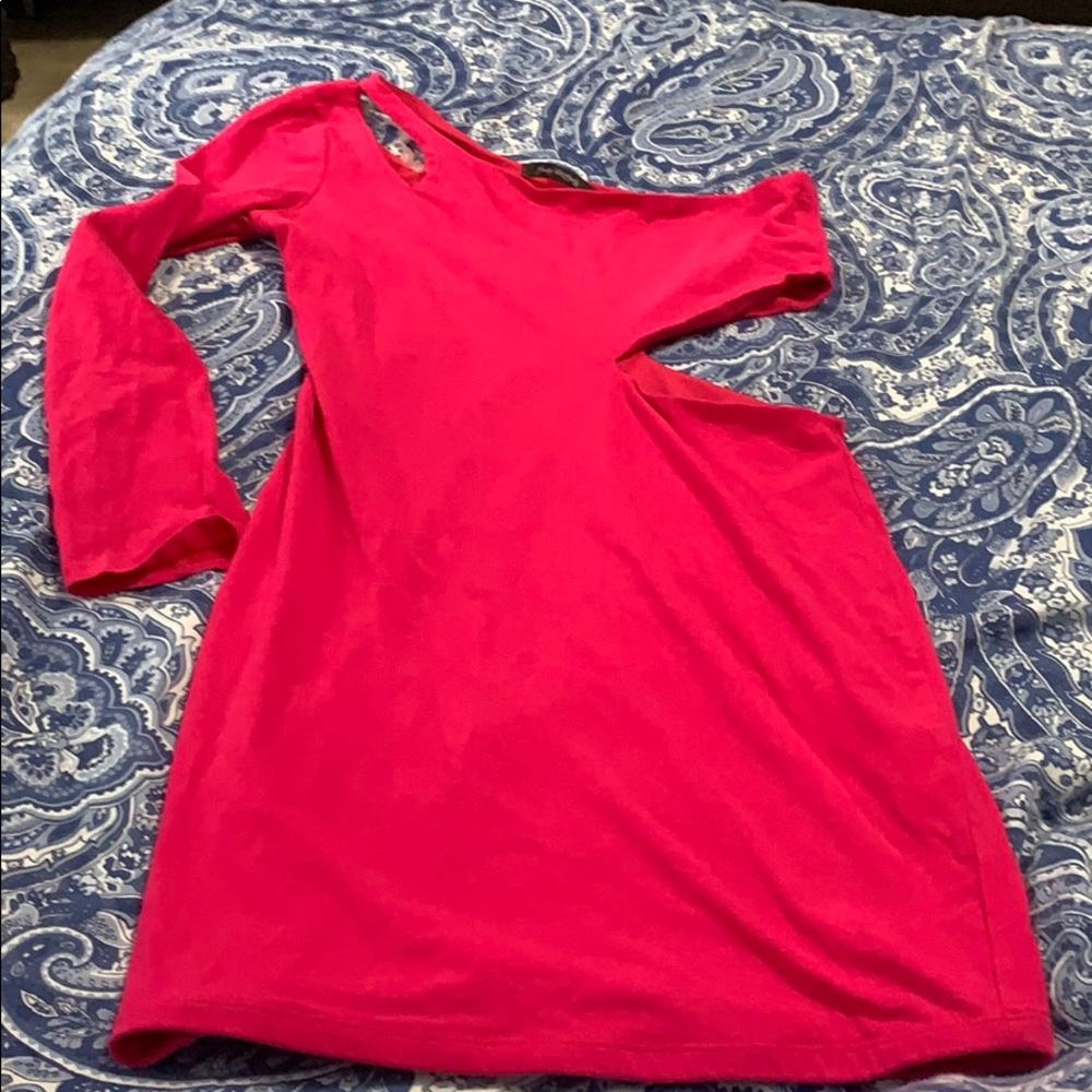 Pink/fuschia fitted off the shoulder cut out dress